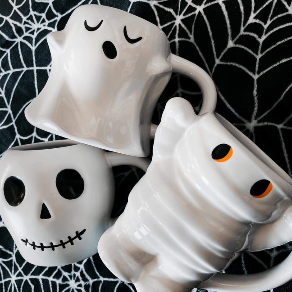 Three - Halloween Stoneware Ghost , Mummy , and Skeleton  Figural Mug - Spritz